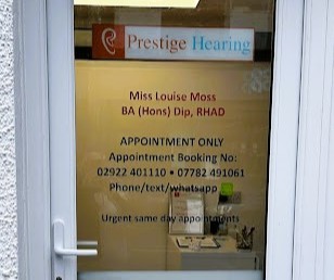 Prestige Hearing Cardiff clinic entrance with appointment details