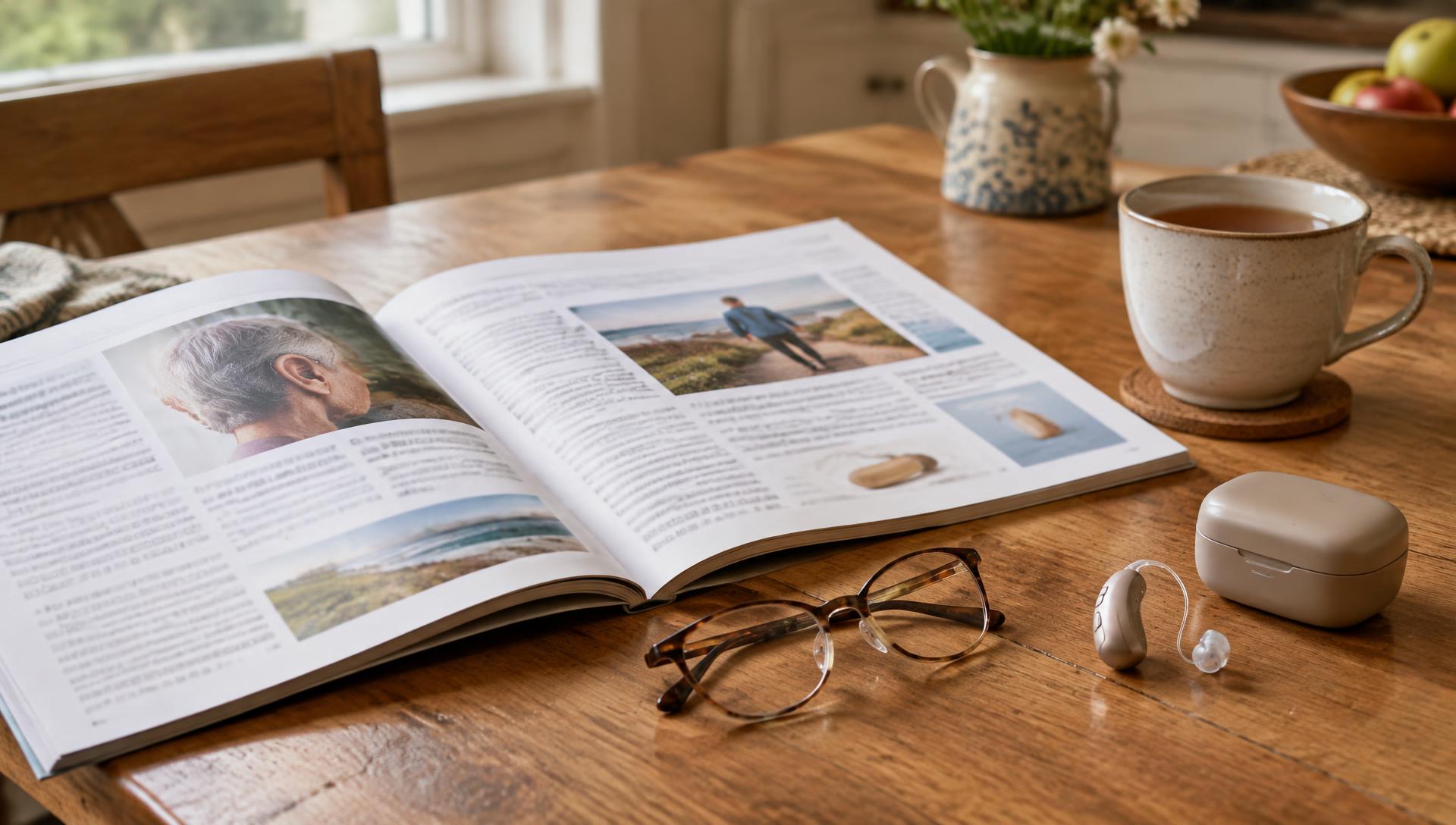 An open magazine about hearing health on a kitchen table beside a hearing aid, reading glasses and a cup of tea